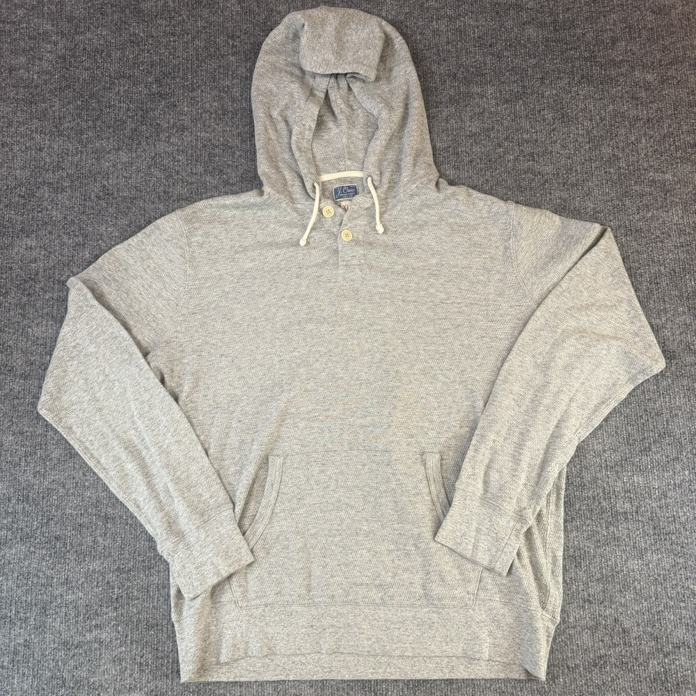 J Crew Vintage Fleece Hoodie Mens Extra Large Gray Cotton Henley Pullover